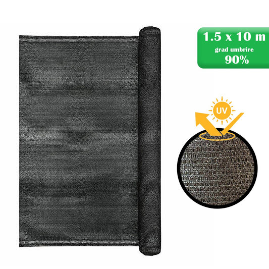 Plasa de umbrire, HDPE, 150 g/mp, grad de umbrire 90%, antracit, 1.5x10 m