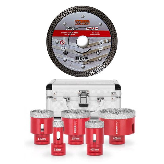 Carote diamantate profesionale, M14, set 5 buc, 20-68 mm, cu disc diamantat subtire, 125 mm