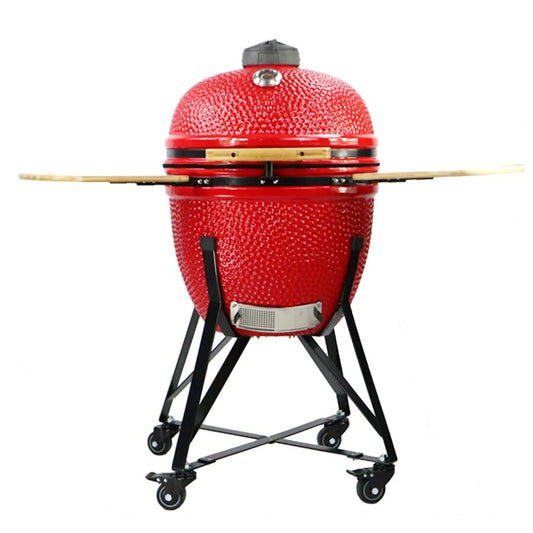 Gratar gradina cu carbuni, grill rotund, ceramic, cu roti, capac, rafturi, 128x80x120 cm, Kamado L-size