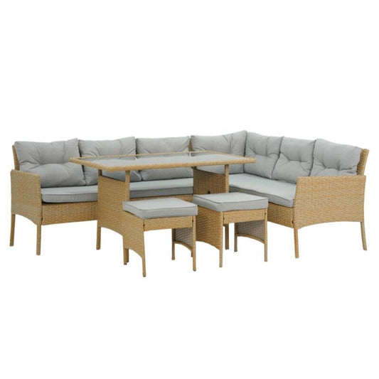 Set mobilier gradina/terasa, bej si gri, ratan sintetic, 1 masa, 2 canapele, 2 tabureti, Berno