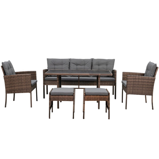 Set mobilier gradina/terasa, maro si gri, ratan sintetic, 1 masa, 2 scaune, 1 canapea, 2 tabureti, Vaduz