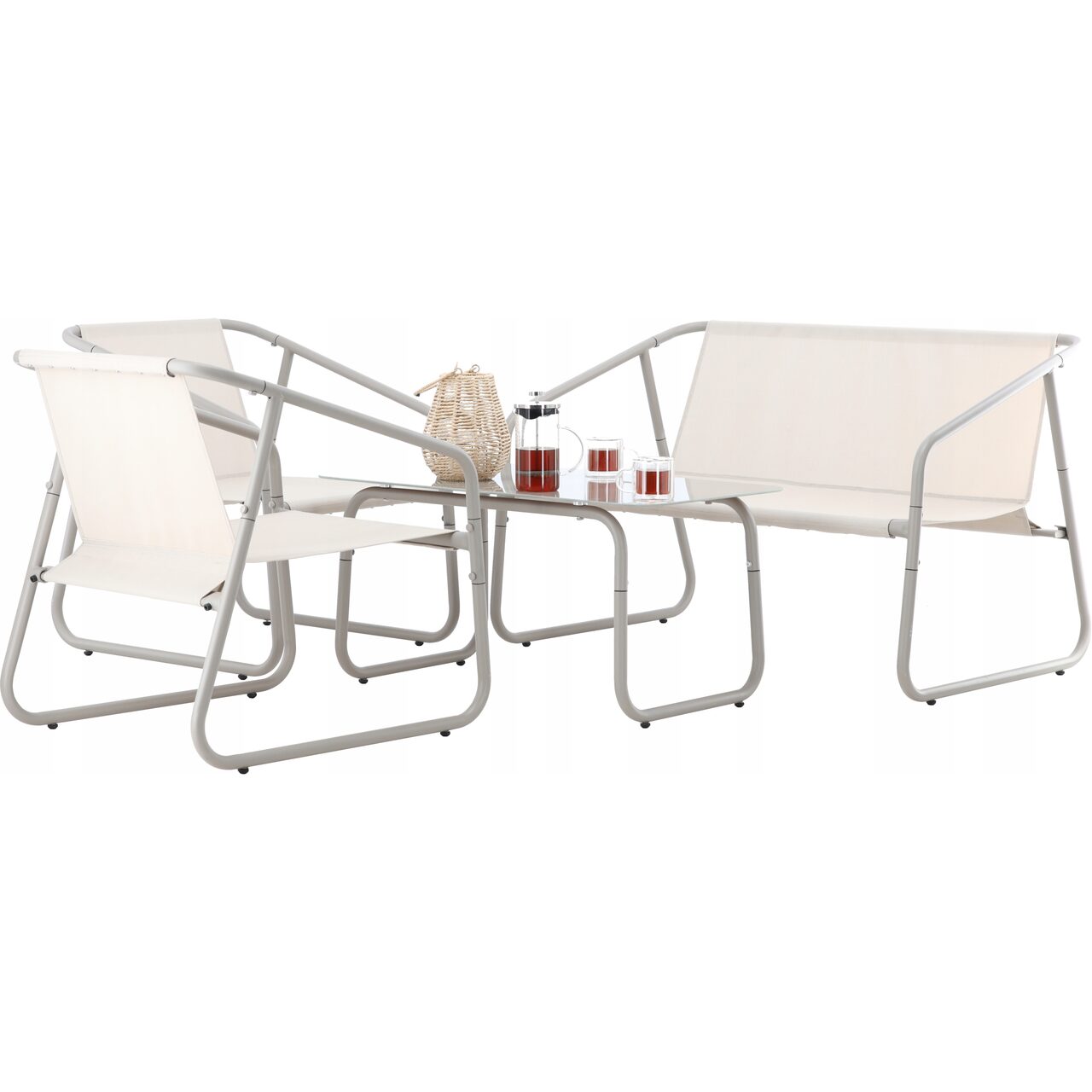 Set mobilier gradina/terasa, bej, otel, textil, 1 masa, 2 scaune, 1 canapea, Soffi