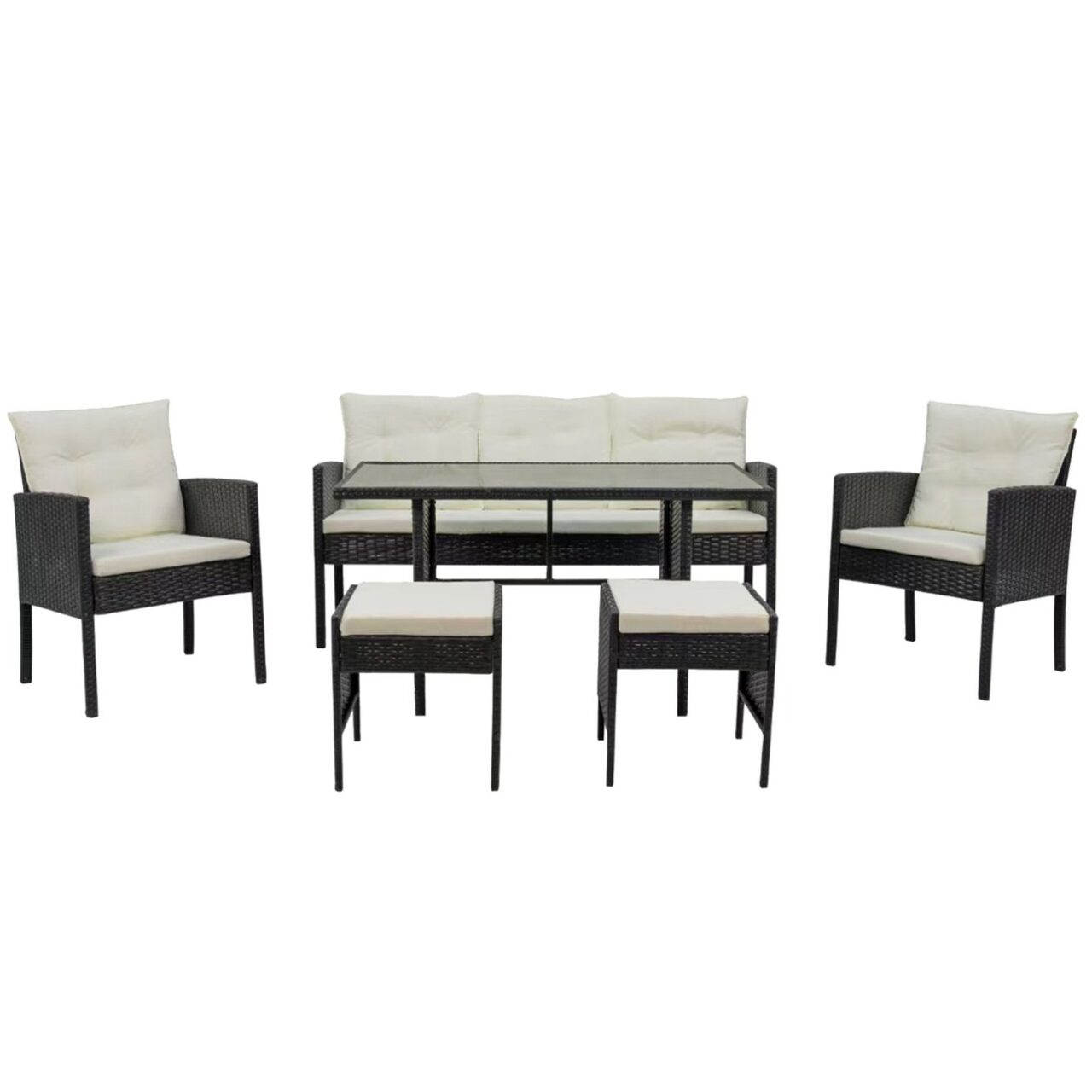 Set mobilier gradina/terasa, negru si bej, ratan sintetic, 1 masa, 2 scaune, 1 canapea, 2 tabureti, Vaduz