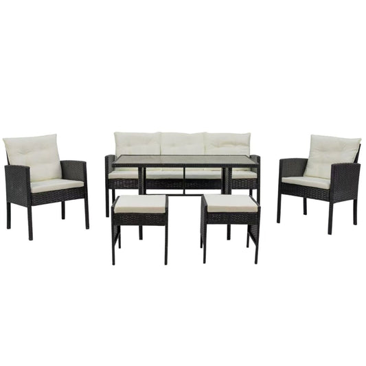 Set mobilier gradina/terasa, negru si bej, ratan sintetic, 1 masa, 2 scaune, 1 canapea, 2 tabureti, Vaduz