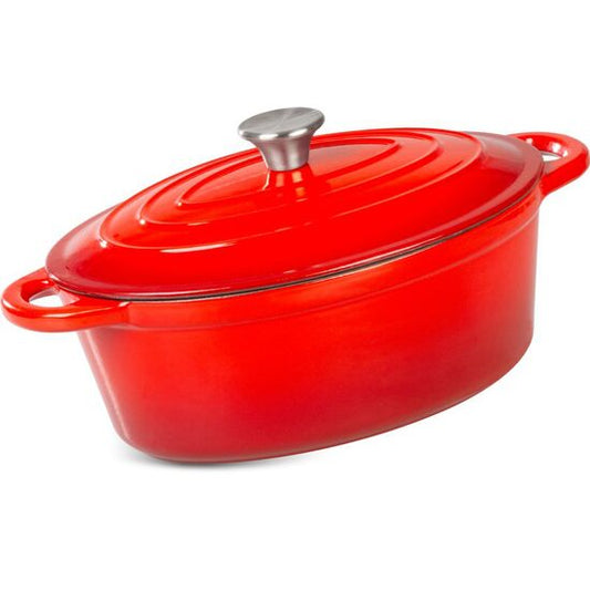 Oala de fonta ovala, emailata cu capac, maner din inox, rosie, 4.4 L, Magic Home