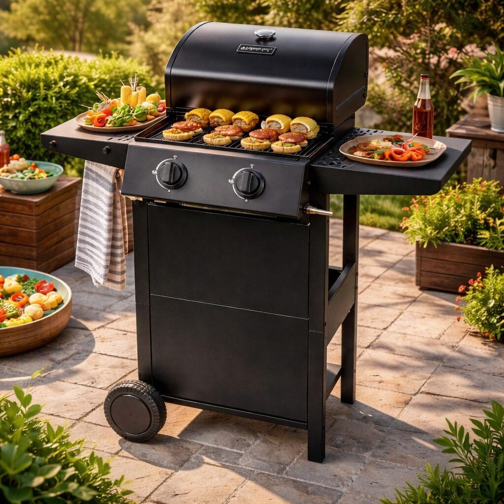 Gratar gradina, grill dreptunghiular, cu gaz, 2 arzatoare, cu roti, capac, rafturi, 96x50x100 cm, BBQ Andora
