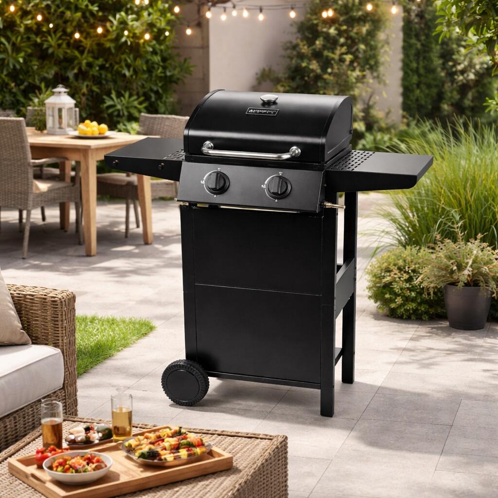 Gratar gradina, grill dreptunghiular, cu gaz, 2 arzatoare, cu roti, capac, rafturi, 96x50x100 cm, BBQ Andora