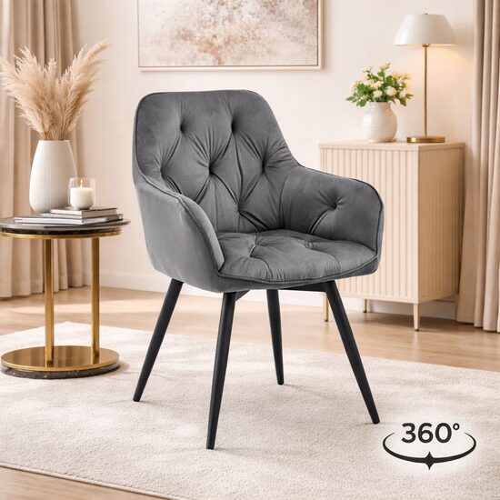 Scaun stil fotoliu bucatarie/living, Artool, York, rotativ, catifea gri inchis, picioare metal negru, 56x61x84 cm