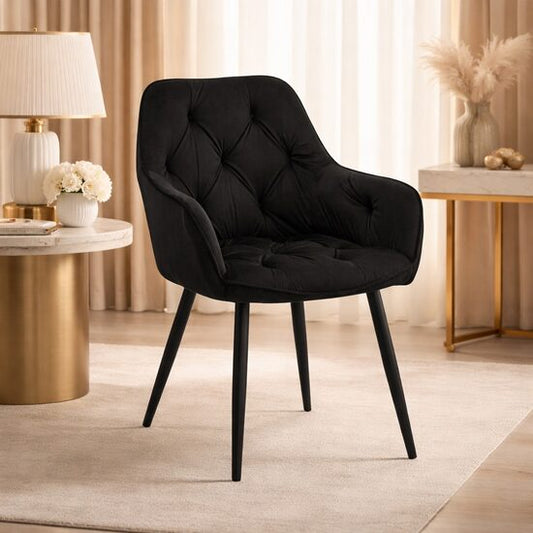 Scaun stil fotoliu bucatarie/living, York, catifea neagra, picioare metal negru, 56x62x83.5 cm