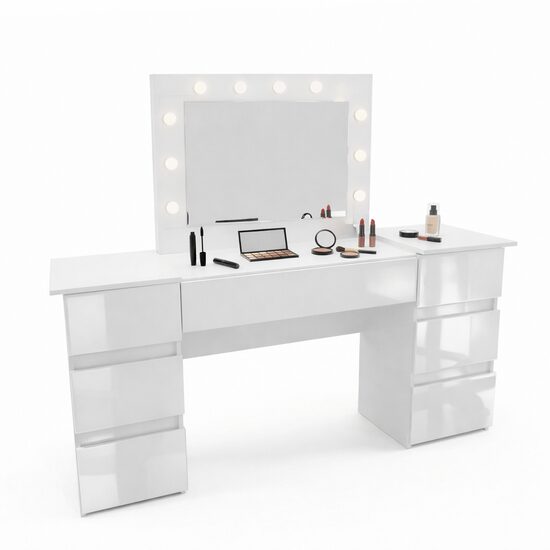 Masa de toaleta/machiaj, alba, sertare lucioase, cu oglinda si LED-uri, Silvia, 155x42x135 cm