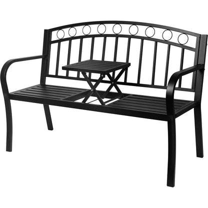 Banca de gradina, cu masuta extensibila, structura metal, negru, 127x53x84 cm, Pegi