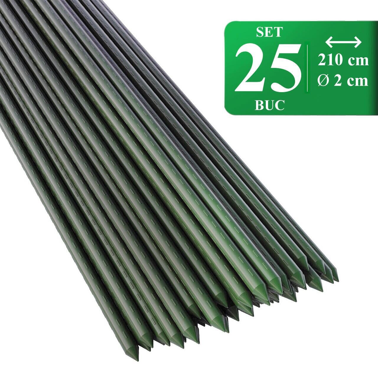 Set 25 araci/suport pentru rosii, castraveti, fasole, metal + PVC, verde, 210x2 cm, Artool