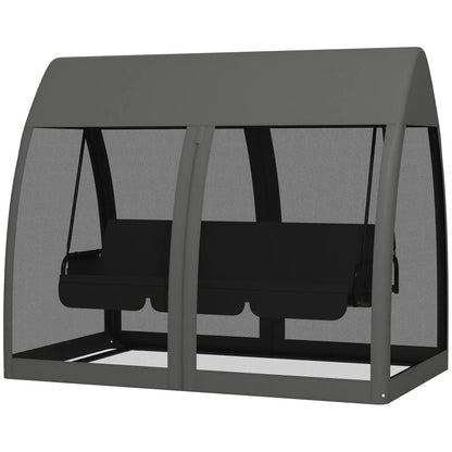 Balansoar gradina, 3 locuri, cu plasa insecte, gri inchis, 240x140x197 cm, functie pat, max 300 kg, Monte Carlo