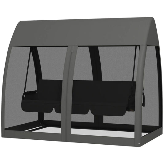Balansoar gradina, 3 locuri, cu plasa insecte, gri inchis, 240x140x197 cm, functie pat, max 300 kg, Monte Carlo