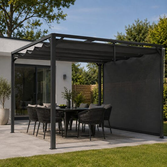 Pergola pentru gradina/terasa, retractabila, cu perete paravan, cadru aluminiu, gri inchis, 3x3x2.27 m