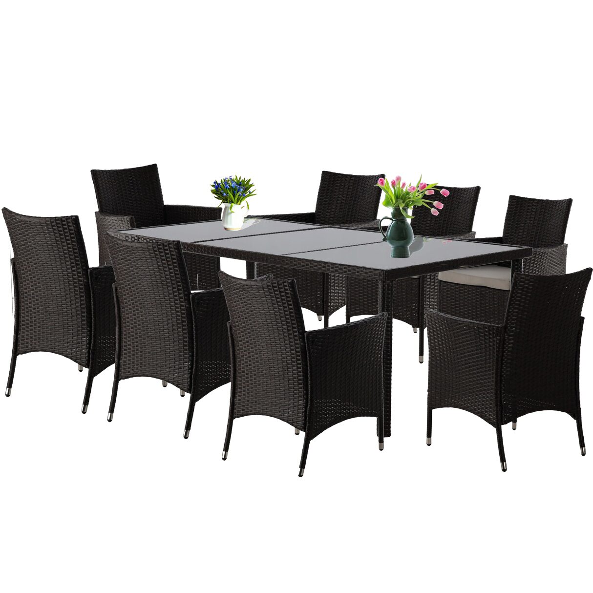Set mobilier gradina/terasa, maro inchis si bej, ratan sintetic, 1 masa, 8 fotolii, Brian