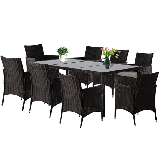 Set mobilier gradina/terasa, maro inchis si bej, ratan sintetic, 1 masa, 8 fotolii, Brian