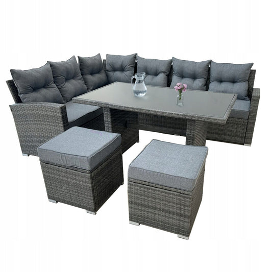 Set mobilier gradina/terasa, gri, ratan sintetic, 1 masa, 2 canapele, 2 tabureti, Lauren