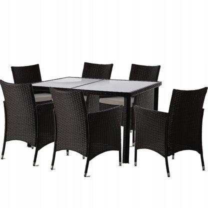 Set mobilier gradina/terasa, maro inchis si bej, ratan sintetic, 1 masa, 6 fotolii, Riviera
