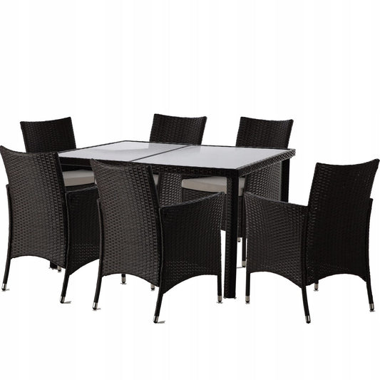 Set mobilier gradina/terasa, maro inchis si bej, ratan sintetic, 1 masa, 6 fotolii, Riviera