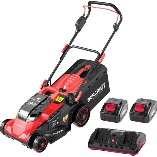 Masina de tuns iarba, gazon, electrica, motor fara perii, 2x20V Li-ion 4 Ah, incarcator, 43 cm, Worcraft