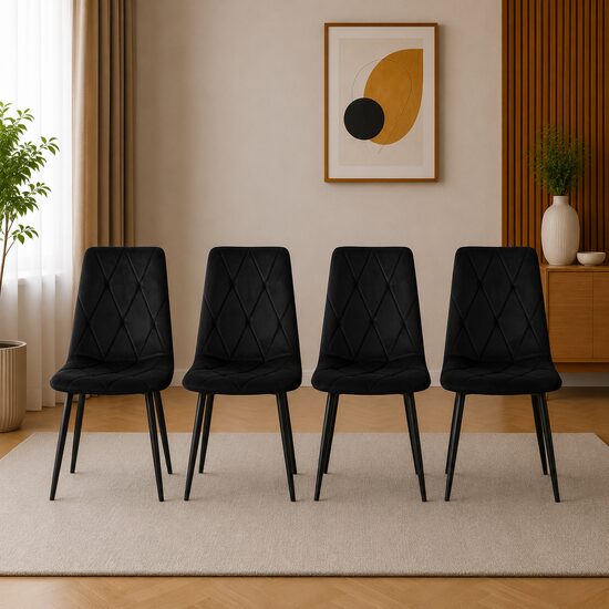 Set 4 scaune bucatarie/living, Artool, Libra, catifea neagra, picioare metal negru, 44x40x88.5 cm