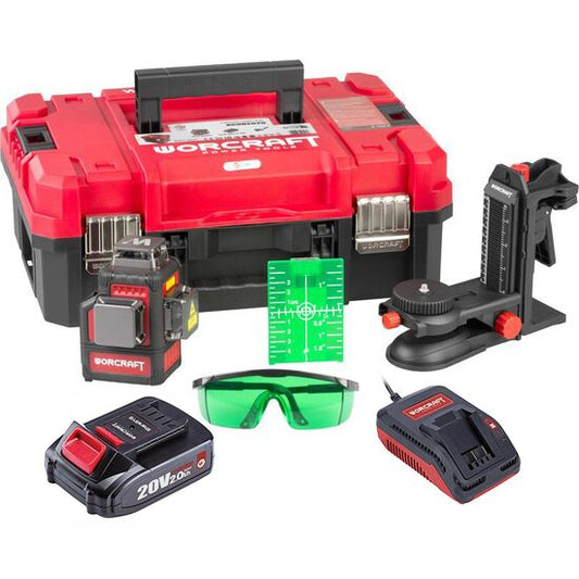 Nivela laser, verde, 360°, 3x3D, 20V Li-ion, cu suport magnetic, acumulator, incarcator, geanta, ochelari, placa tinta, 50 m, Worcraft