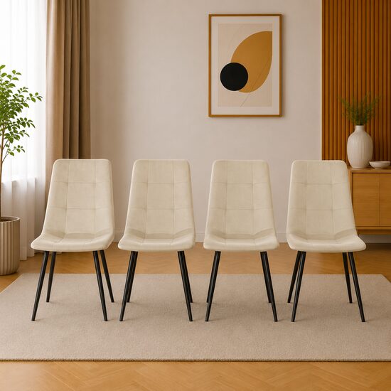 Set 4 scaune bucatarie/living, Artool, Kara, catifea bej, picioare metal negru, 44.5x50.5x87 cm