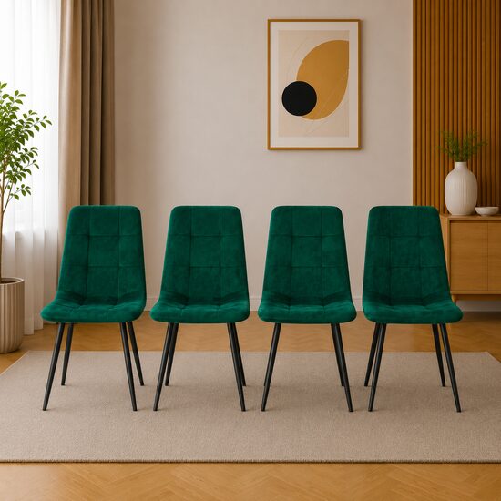Set 4 scaune bucatarie/living, Artool, Kara, catifea verde, picioare metal negru, 44.5x50.5x87 cm