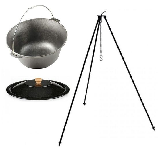 Set ceaun fonta cu capac emailat si trepied metalic, 16 L, Premium