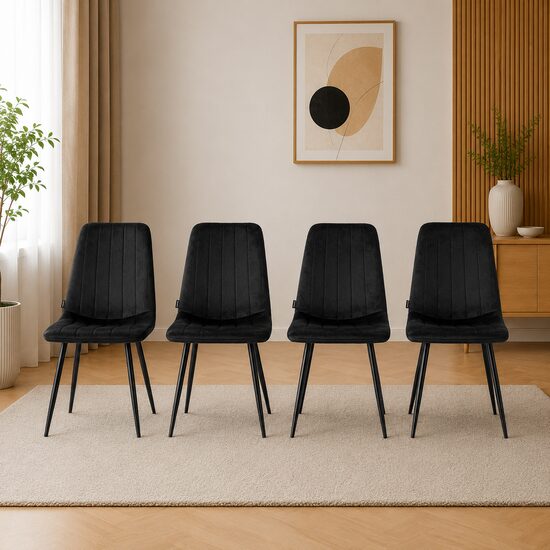 Set 4 scaune bucatarie/living, Artool, Lava, catifea neagra, picioare metal negru, 43x51x90 cm