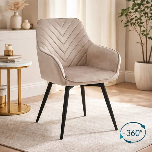 Scaun stil fotoliu bucatarie/living, Artool, Nana, rotativ, catifea bej inchis, picioare metal negru, 56x61x83.5 cm