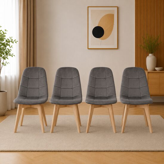 Set 4 scaune bucatarie/living, Artool, Bora, catifea gri inchis, picioare lemn natur, 44.5x54x81.5 cm