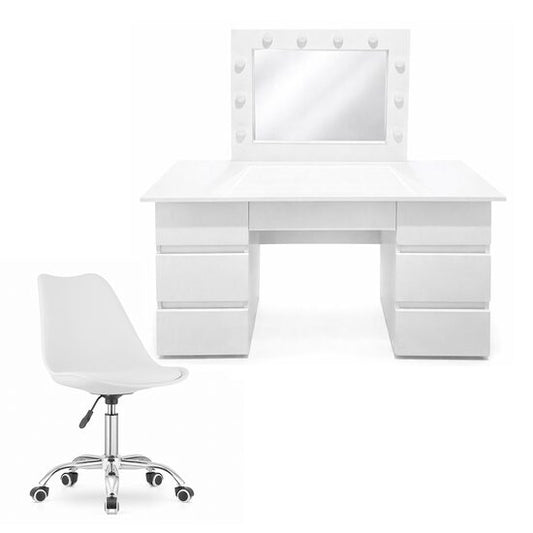 Masa de toaleta/machiaj, Vanessa + scaun Alba, alb, cu oglinda si LED-uri, 130x43x143 cm