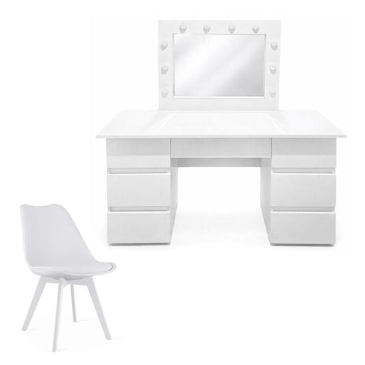 Masa de toaleta/machiaj, Vanessa + scaun Mark, alb, cu oglinda si LED-uri, 130x43x143 cm