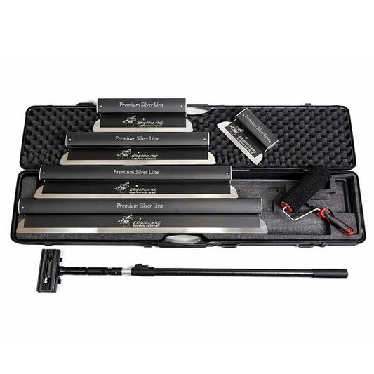 Set 5 gletiere profesionale, lama inox 0.4 mm, Premium Silver, 25, 40, 60, 80, 100 cm, adaptor, maner telescopic, rola gletuit, geanta, Ergoplane, Olejnik
