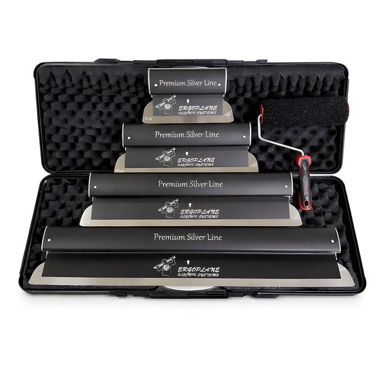 Set 4 gletiere profesionale, lama inox 0.4 mm, Premium Silver, 25, 40, 60, 80 cm, rola gletuit, geanta, Ergoplane, Olejnik