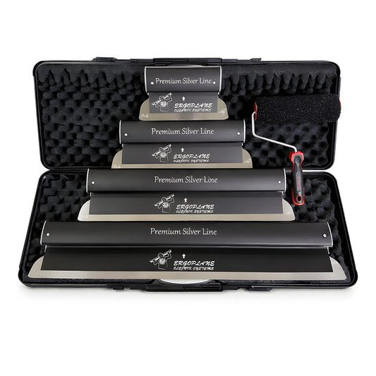 Set 4 gletiere profesionale, lama inox 0.4 mm, Premium Silver, 25, 40, 60, 80 cm, rola gletuit, geanta, Ergoplane, Olejnik