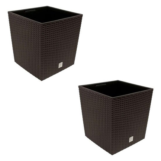 Set 2 ghivece de flori, Rato Low, imitatie ratan, patrate, 32x32x32.5 cm, maro, Prosperplast
