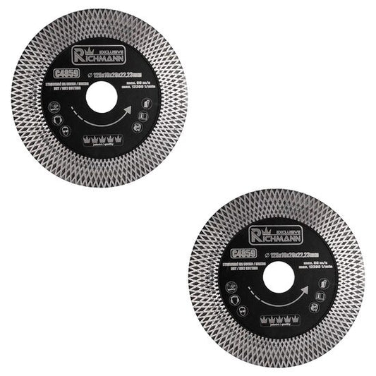 Set 2 discuri diamantate turbo subtire, dublu segmentat, placi ceramice, taiere umeda si uscata, 125x10x20x22.23 mm, Richmann Exclusive