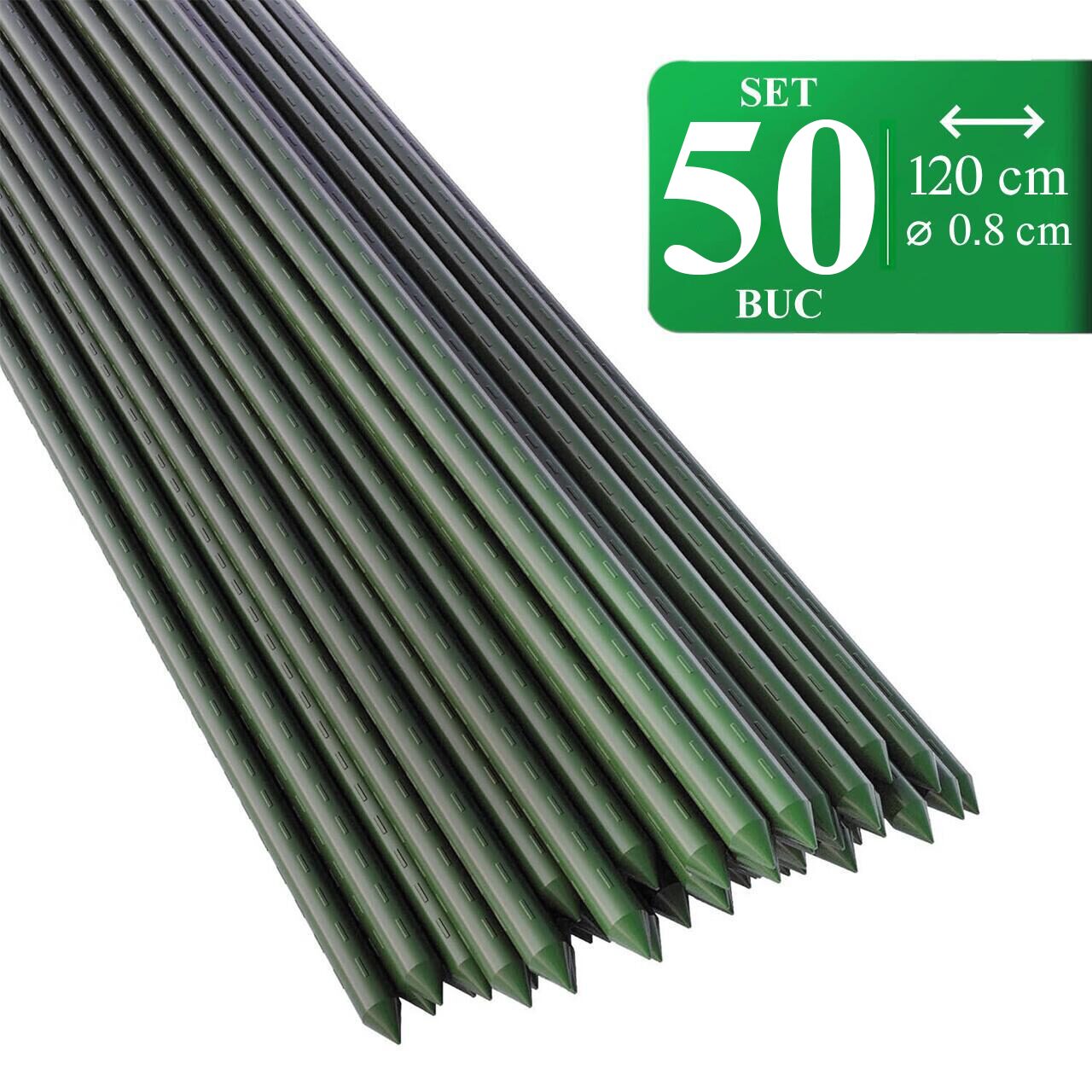 Set 50 araci/suport pentru rosii, castraveti, fasole, metal + PVC, verde, 120x0.8 cm, Artool