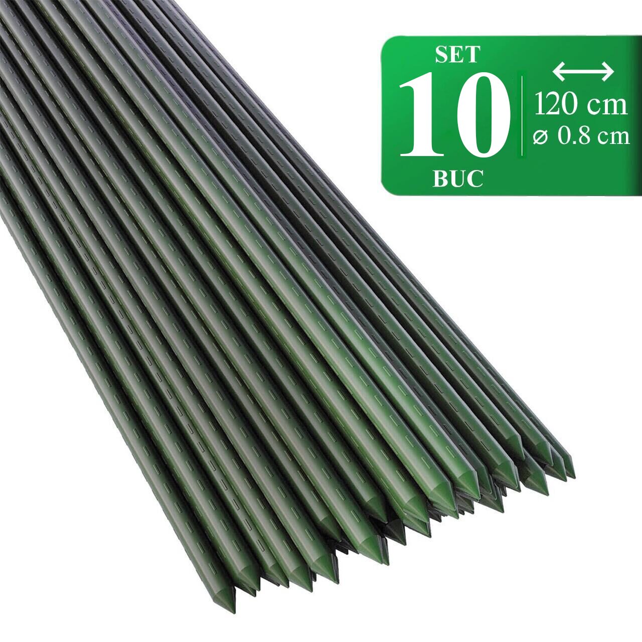 Set 10 araci/suport pentru rosii, castraveti, fasole, metal + PVC, verde, 120x0.8 cm, Artool