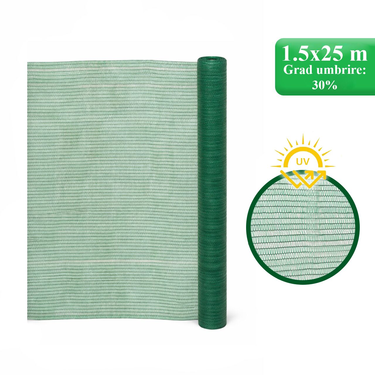 Plasa de umbrire legume, HDPE, UV, 30 g/mp, grad de umbrire 30%, verde, 1.5x25 m, Strend Pro