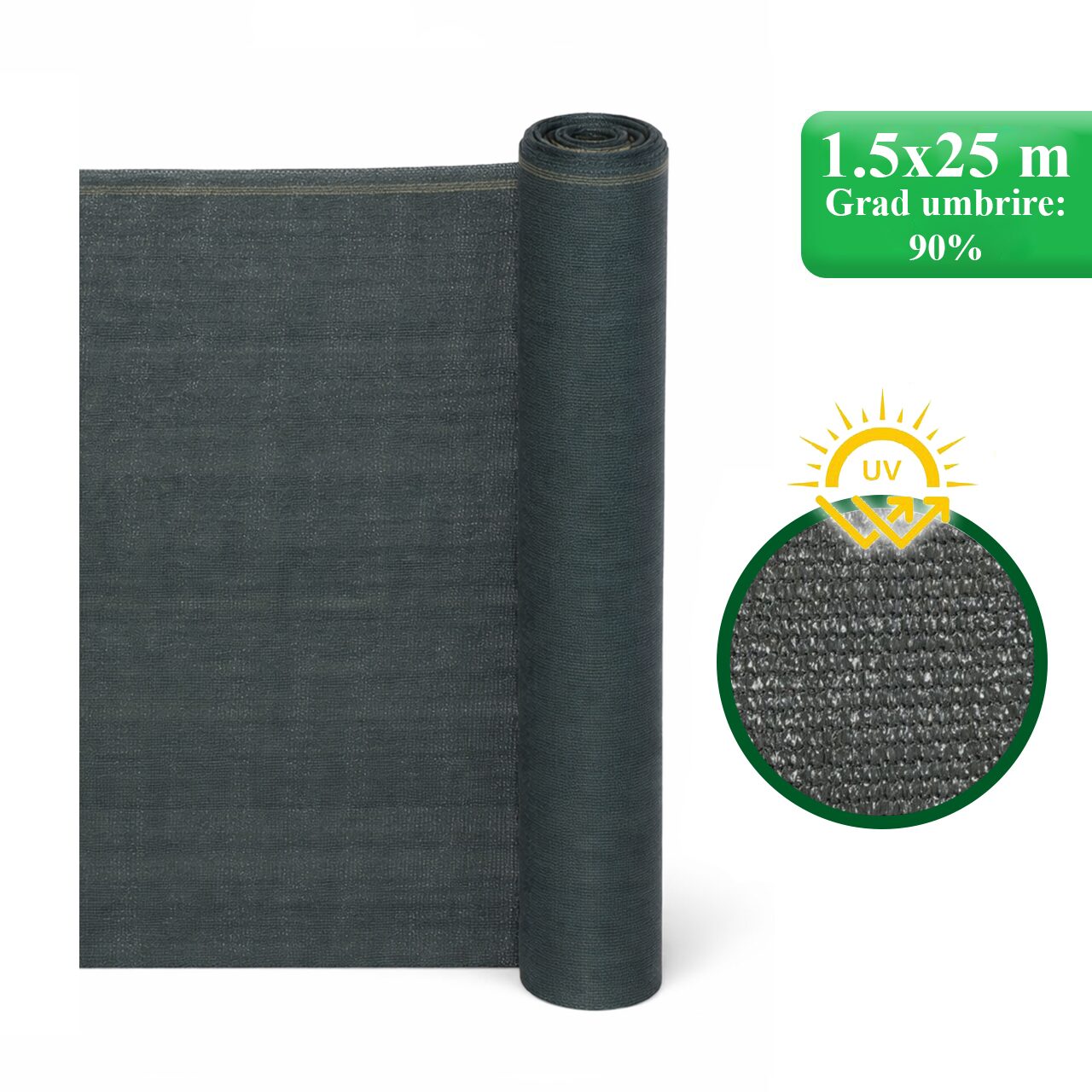 Plasa de umbrire, HDPE, UV, 150 g/mp, grad umbrire 90%, antracit, 1.5x25 m, Strend Pro