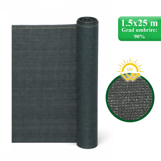 Plasa de umbrire, HDPE, UV, 150 g/mp, grad umbrire 90%, antracit, 1.5x25 m, Strend Pro