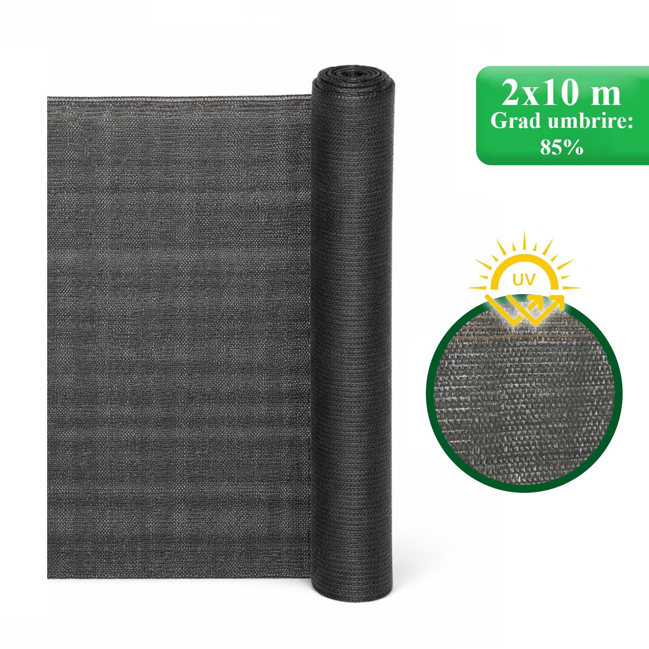Plasa de umbrire, HDPE, UV, 80 g/mp, grad umbrire 85%, gri, 2x10 m, Strend Pro