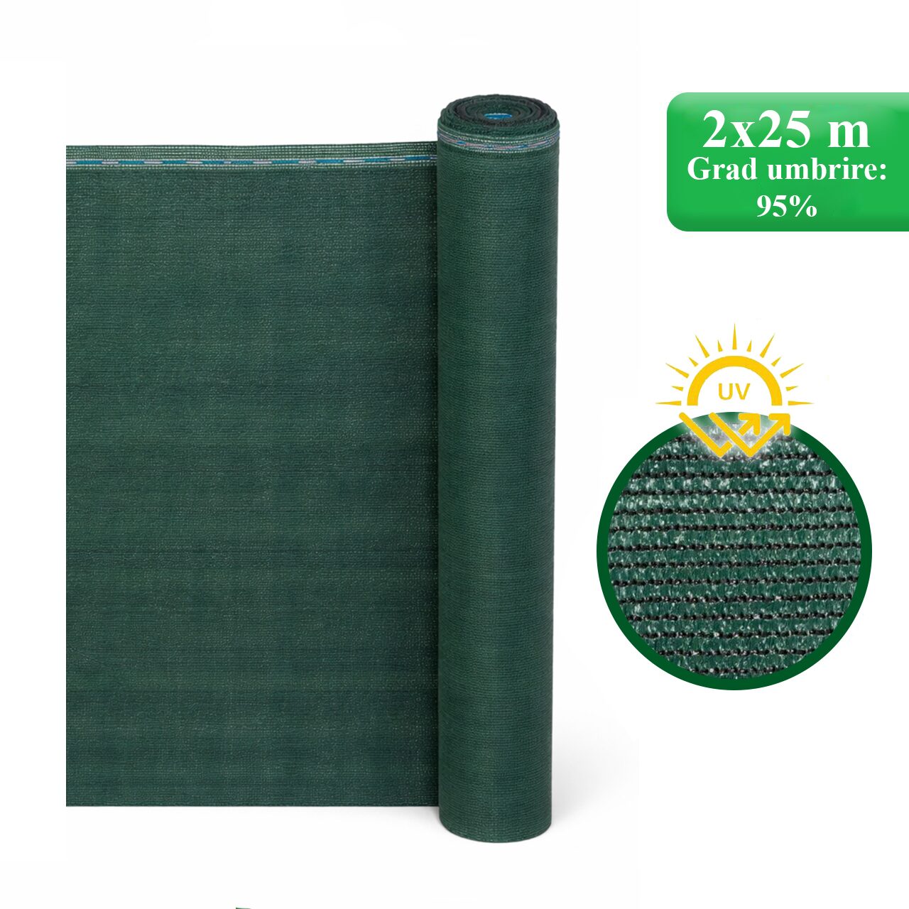 Plasa de umbrire, HDPE, UV, 230 g/mp, grad umbrire 95%, verde, 2x25 m, Strend Pro