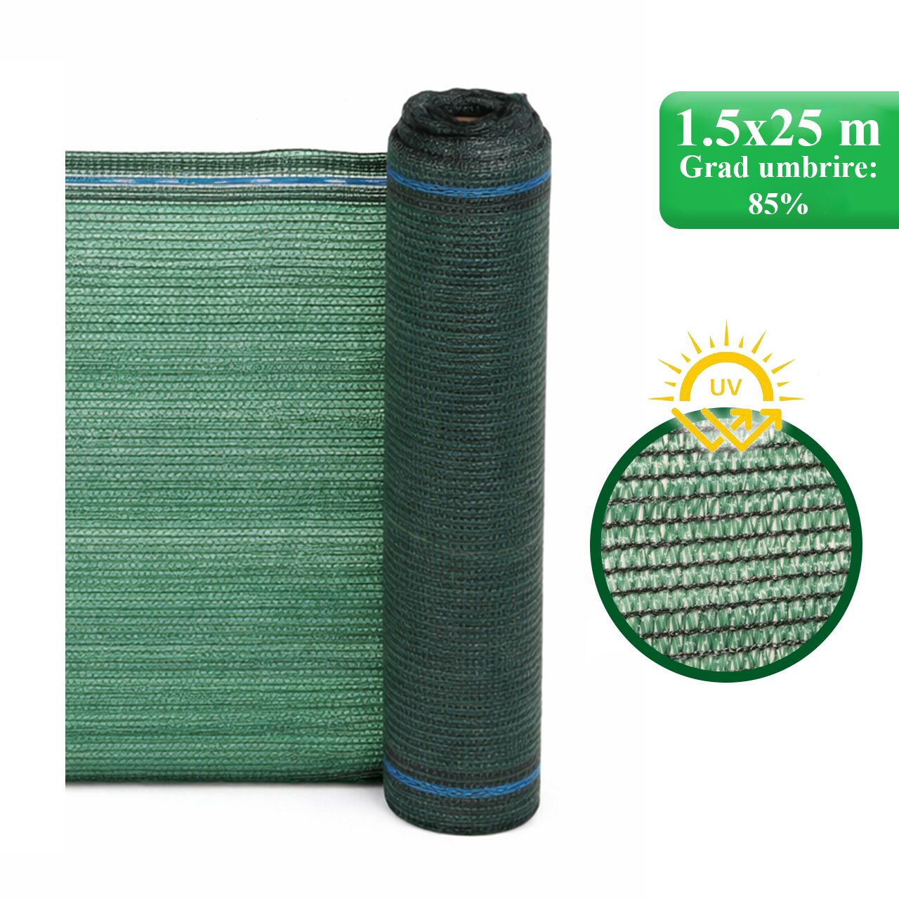 Plasa de umbrire, HDPE, UV, 80 g/mp, grad umbrire 85%, verde, 1.5x25 m, Strend Pro