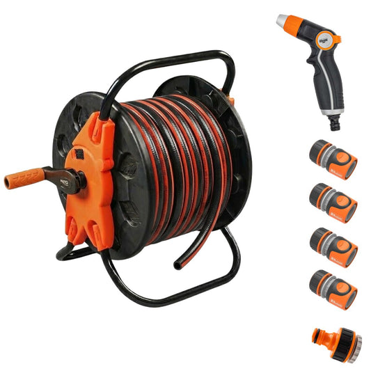 Furtun de gradina, 4 straturi, flexibil, ranforsat, 1/2", 30 m, tambur, cuple, adaptor, pistol stropit, Richmann Exclusive