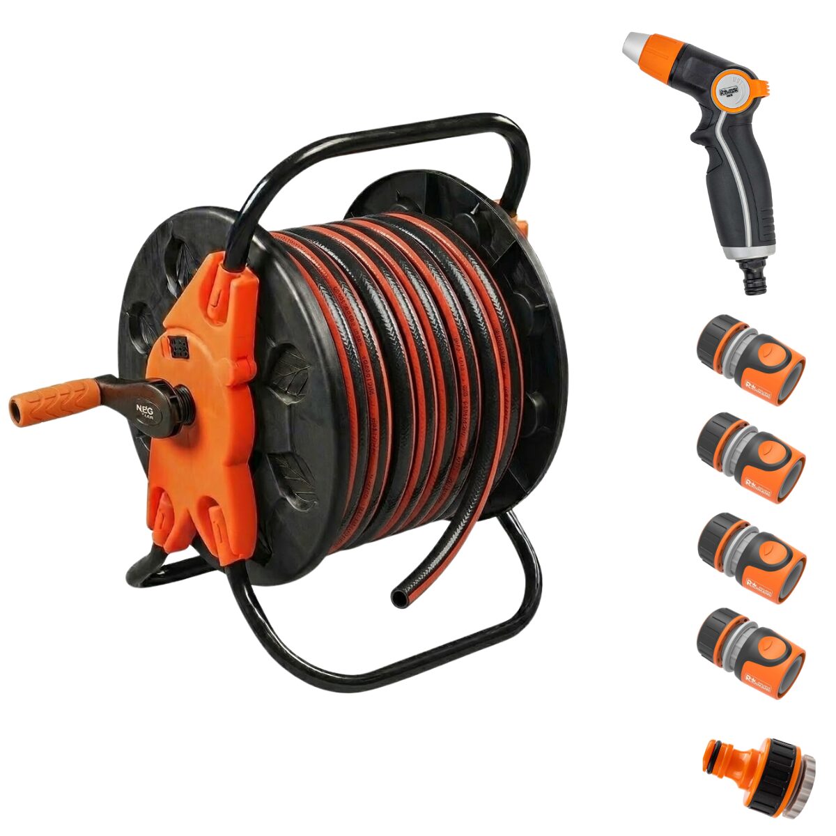 Furtun de gradina, 4 straturi, flexibil, ranforsat, 1/2", 50 m, tambur, cuple, adaptor, pistol stropit, Richmann Exclusive